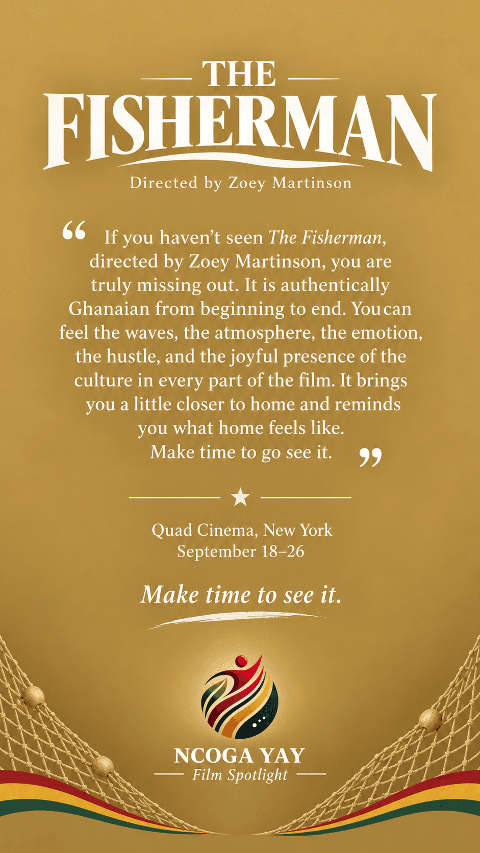 Film spotlight for The Fisherman, directed by Zoey Martinson. Quad Cinema, New York, September 18–26.