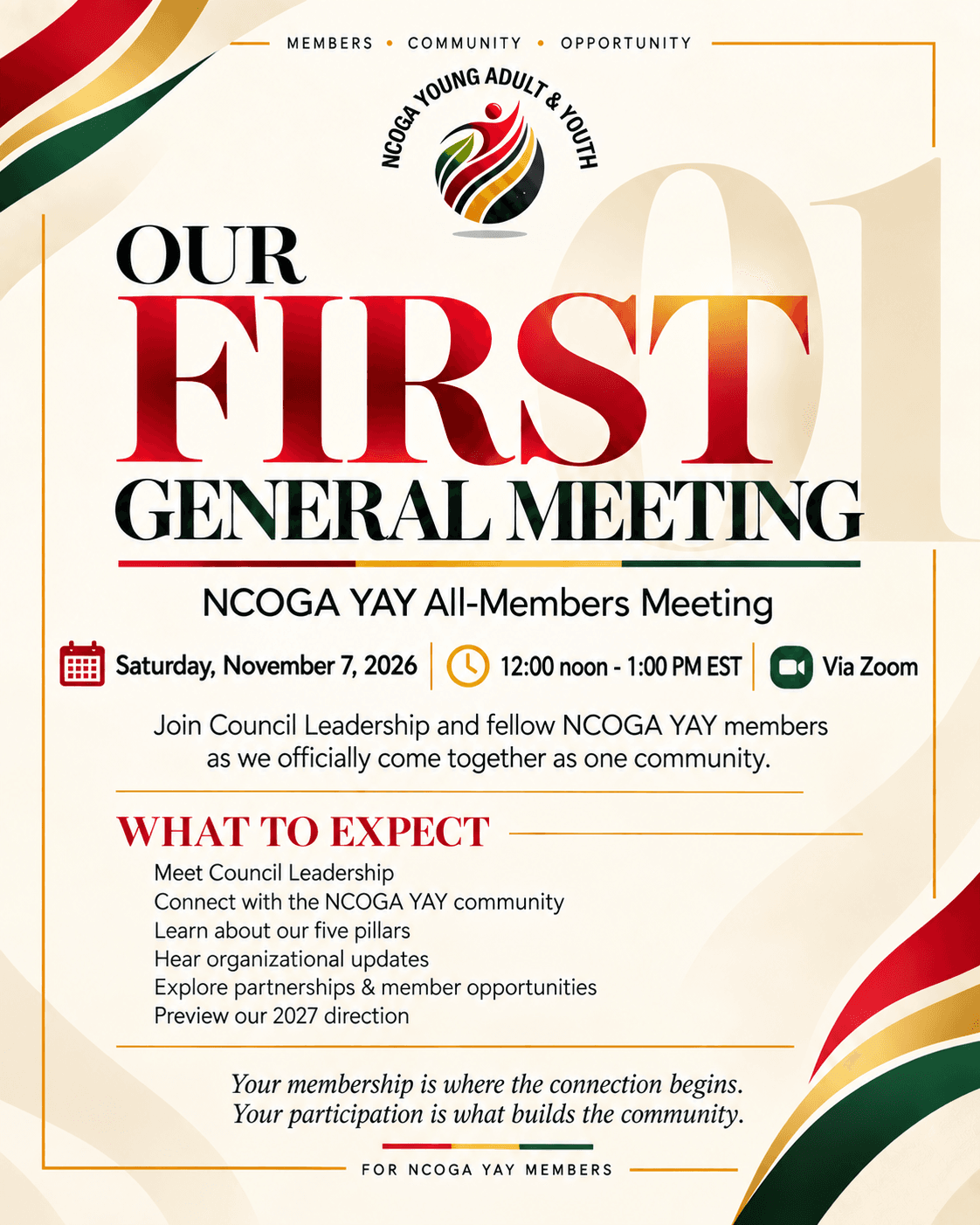 Poster for the NCOGA YAY first general meeting. Saturday, November 7, 2026, 12:00 noon to 1:00 PM EST, via Zoom.