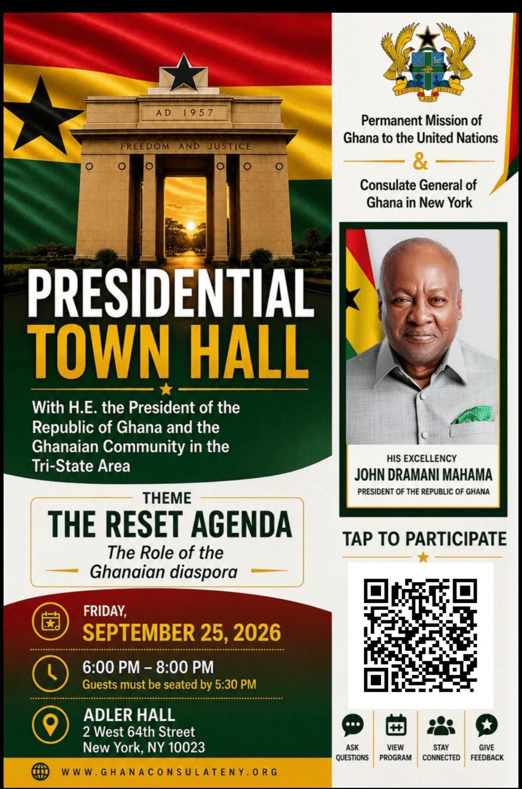 Presidential Town Hall poster. With the President of the Republic of Ghana and the Ghanaian community in the Tri-State Area. Friday, September 25, 2026, Adler Hall, New York.